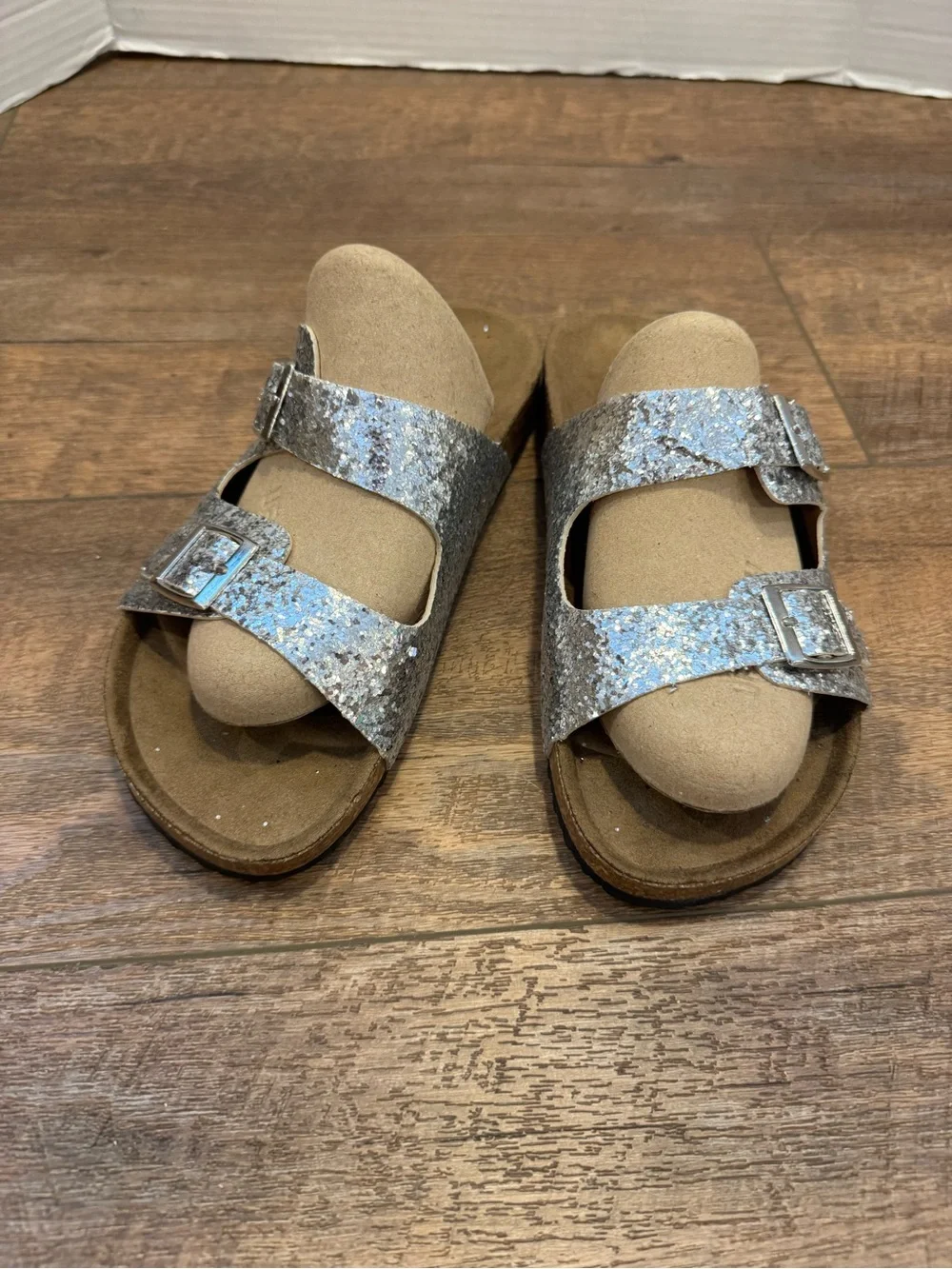 Yoki Silver Glitter Double-Buckle Slide Sandals Tan Cork-Style Soles Size 8.5